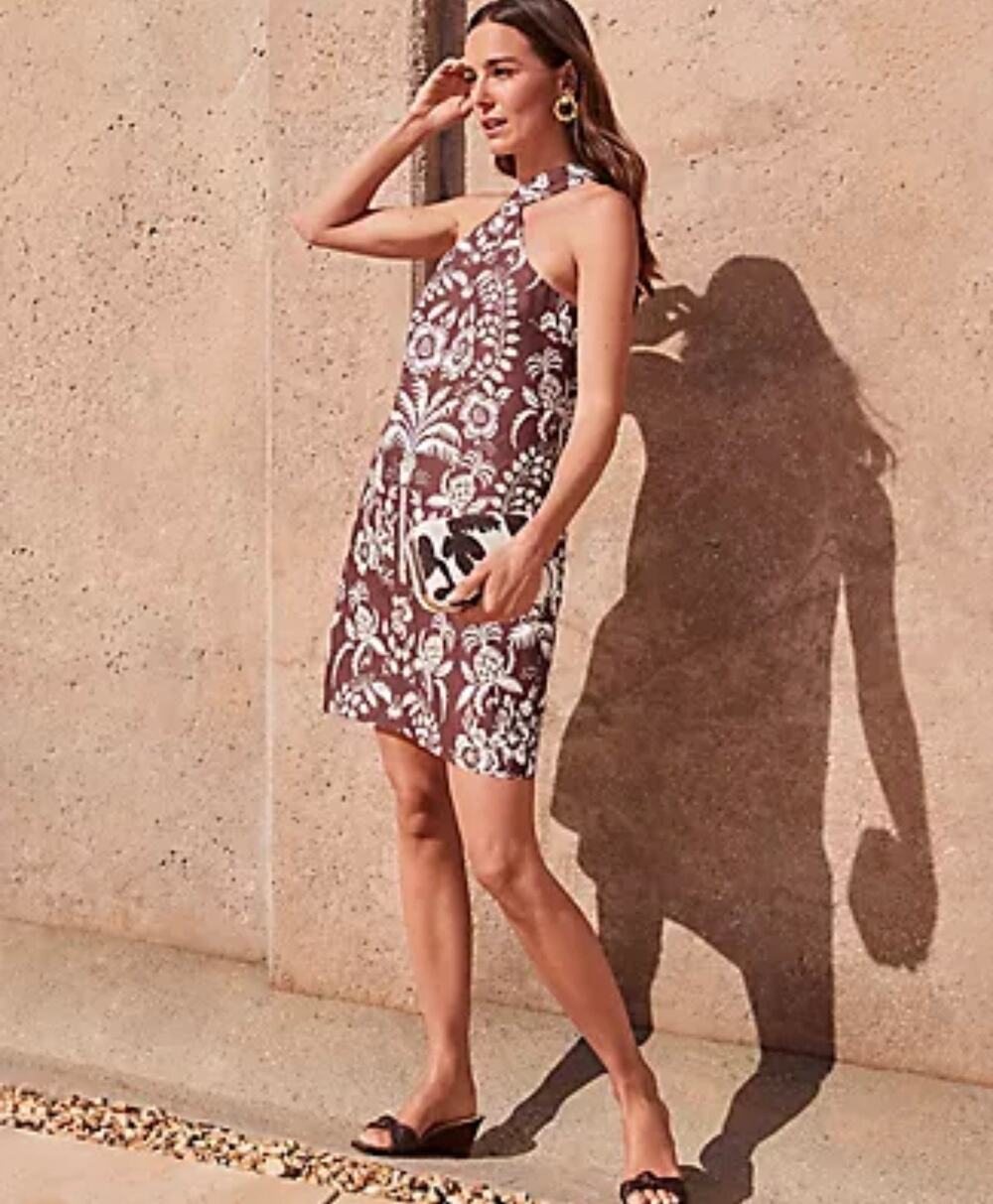 Ann Taylor Palm Linen Brown White Halter Dress 8